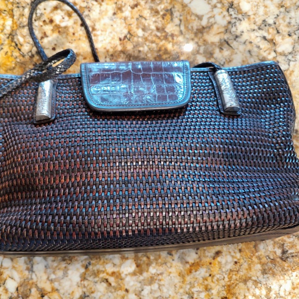 Brighton shoulder bag, brown weave with embossed panel, silver accents13X8" - Picture 6 of 15